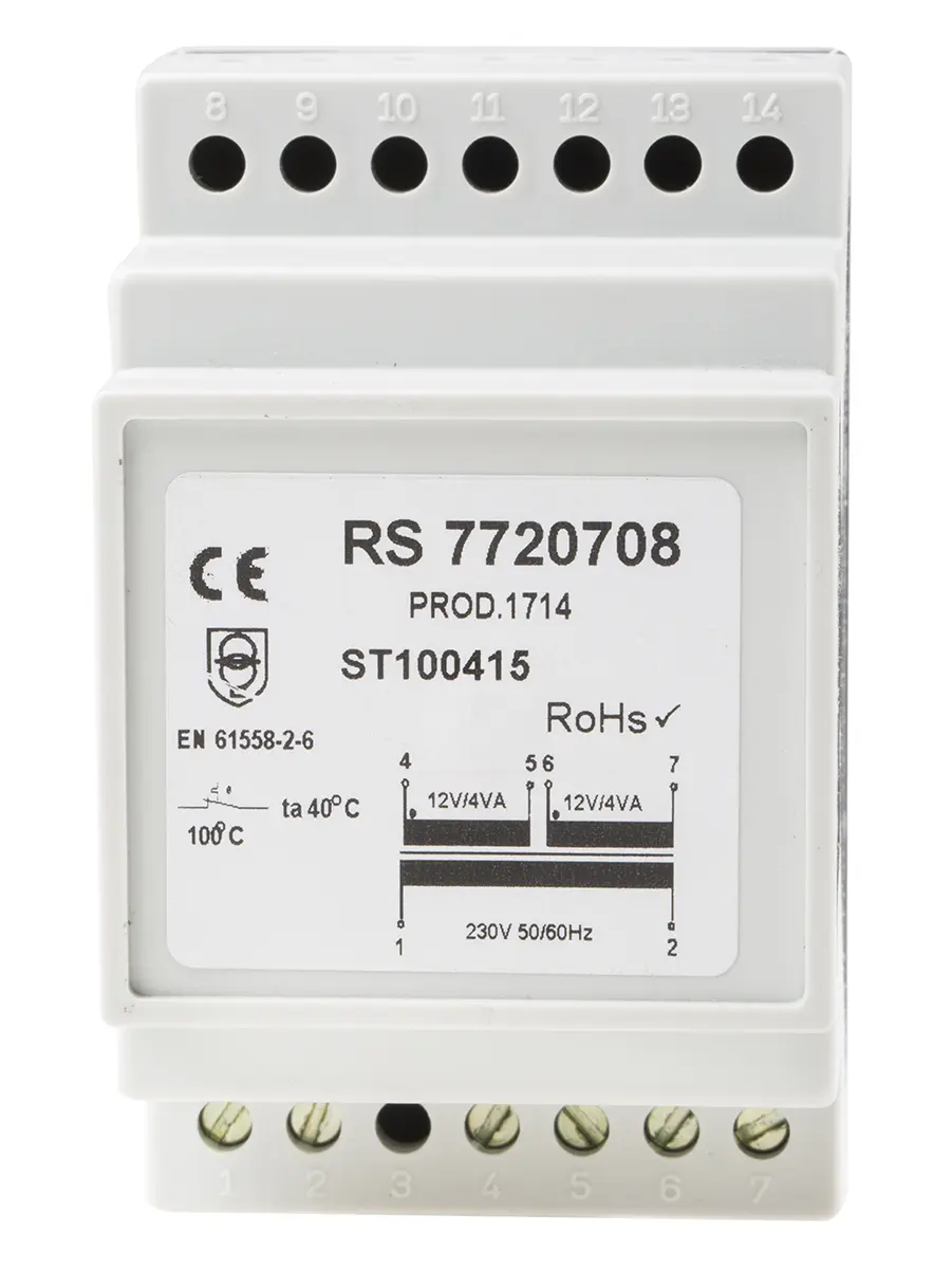 Produktfoto 1 von RS PRO DIN-Schienen-Trafo, 8VA, Primär 230V ac / Sekundär 12V ac DIN-Schiene 2 Ausg., 86mm x 52.5mm x 58mm