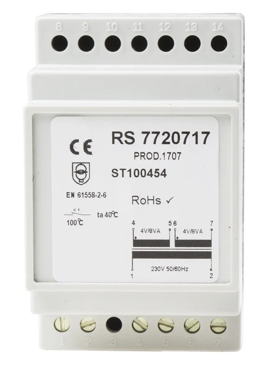Produktfoto 1 von RS PRO DIN-Schienen-Trafo, 16VA, Primär 230V ac / Sekundär 4V ac DIN-Schiene 2 Ausg., 86mm x 52.5mm x 58mm