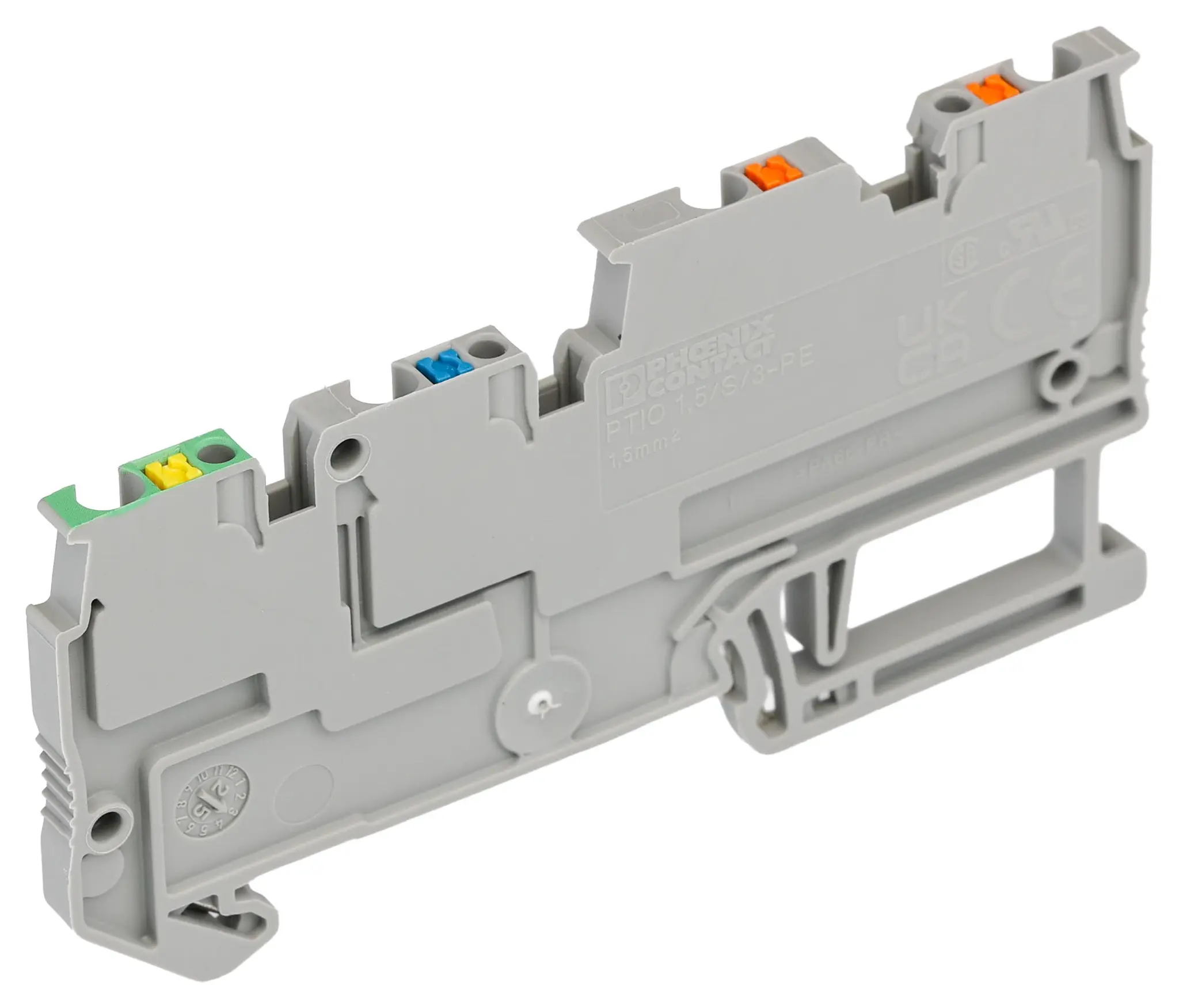 Produktfoto 1 von Phoenix Contact PTIO 1.5/S/3-PE Anschlussklemmenblock DIN-Schiene 3 Grau, 1.5 mm², 250 V Einsteck-Anschluss