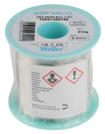 Produktfoto 1 von Weller Draht Lötzinn bleifrei 96.5 %Sn 0 %Pb 0.5 %Cu 3 %Ag, 217 °C, Ø 0.8 mm / 250 g