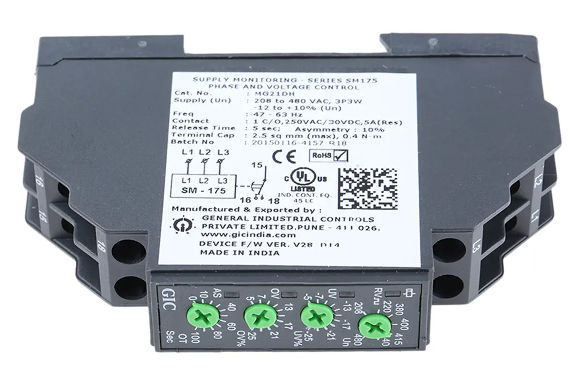 Produktfoto 1 von GIC SM 175 Überwachungsrelais 208 → 480V ac 3-phasig, 1-poliger Wechsler 5A Überspannung, Unterspannung