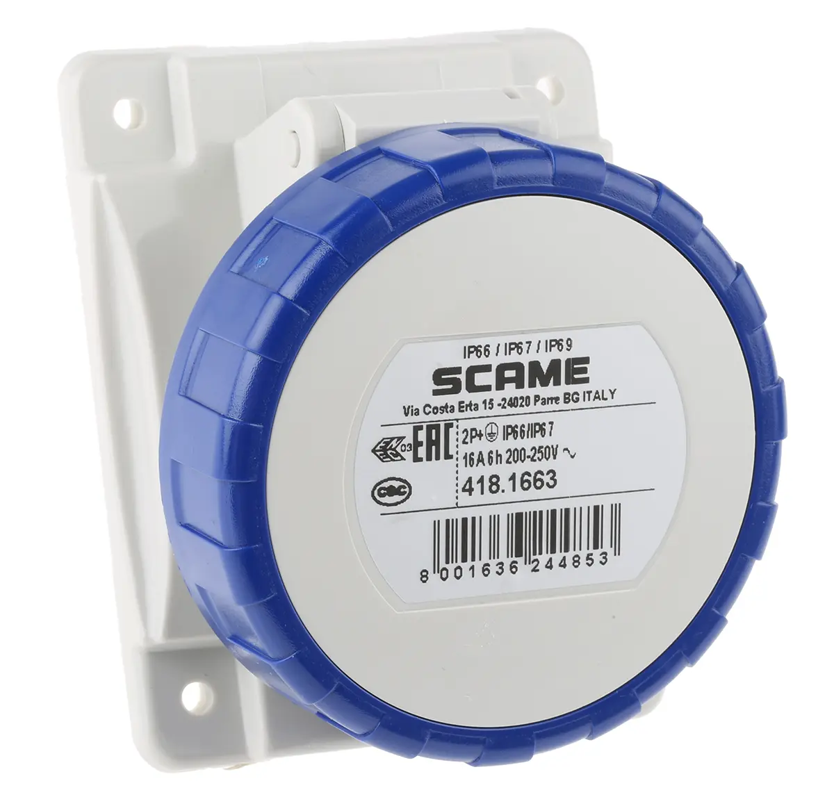Produktfoto 1 von Scame Optima Stromversorgungssteckverbinder in robuster Ausführung Blau, 230V 2P+PE / 16A, Panel IP66, IP67
