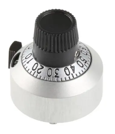 Produktfoto 1 von Vishay Chrom Potentiometer-Knopf, Zeiger Schwarz Ø 22.2 mm x 22.2 mm, Rund Schaft 6.35 mm