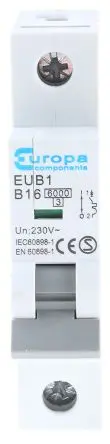 Produktfoto 1 von Europa EUB1 Miniaturüberlastschalter Typ B, Pol 1-polig 16A 240V ac, Abschaltvermögen 6 kA EUB1