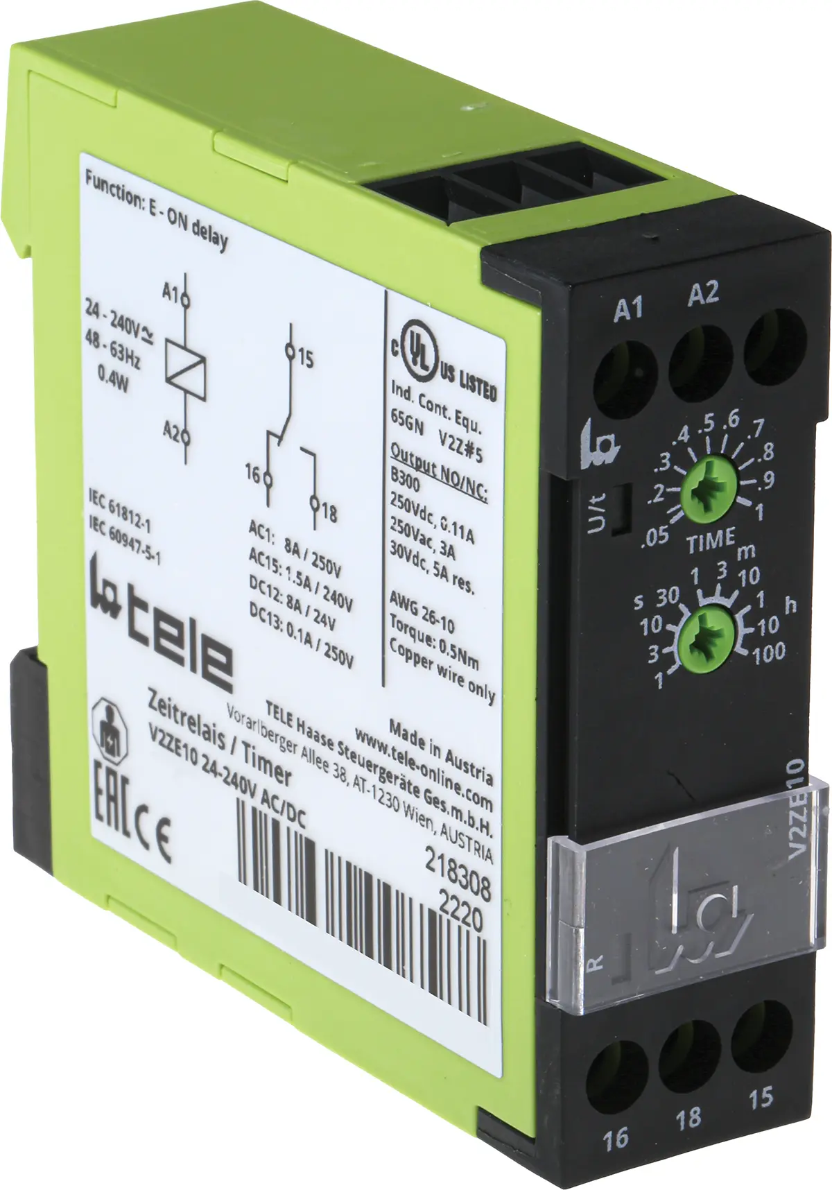 Produktfoto 1 von Tele V2ZE10 Zeitrelais, DIN-Schienen, 0.05 → 1s, 24 → 240V ac/dc, 1 Kont. Einfach, 1-poliger Wechsler