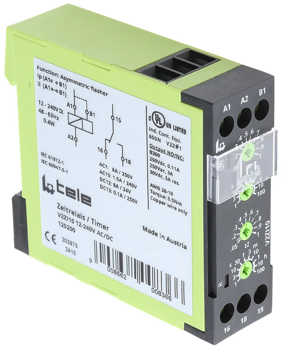 Produktfoto 1 von Tele V2ZI10 Zeitrelais, DIN-Schienen, 0.05 → 1s, 12 → 240V ac/dc, 1 Kont. Multifunktion, 1-poliger