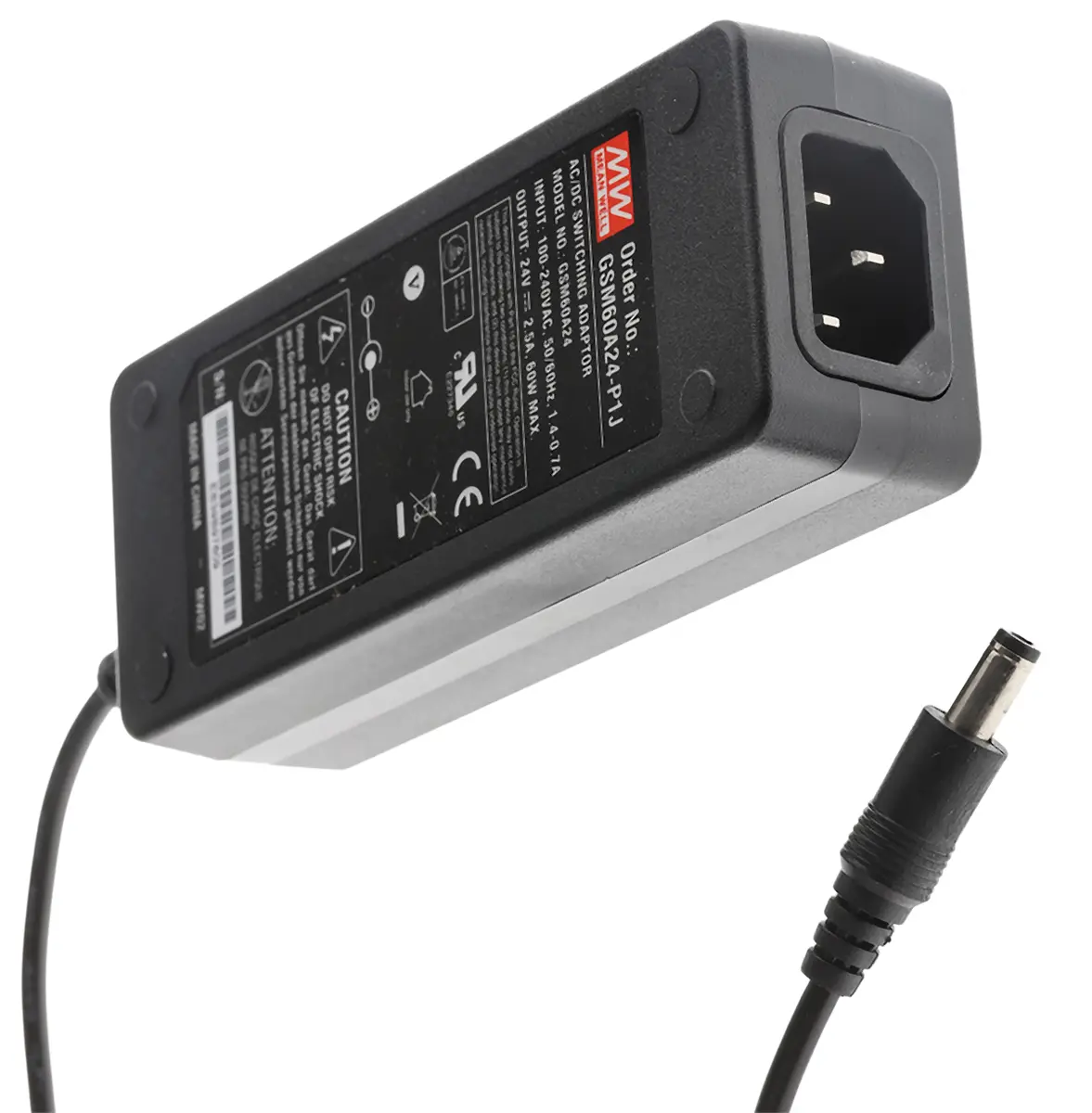 Produktfoto 1 von MEAN WELL Steckernetzteil, 100 → 240V ac, 24V dc / 2.5A Medizin-Zulassung, IEC 320-C14 Anschluss