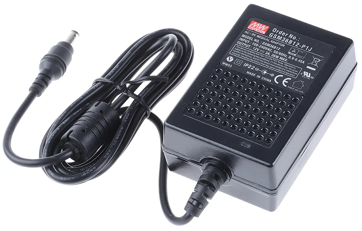 Produktfoto 1 von MEAN WELL Steckernetzteil, 100 → 240V ac, 12V dc / 3A Medizin-Zulassung, IEC 320-C8 Anschluss