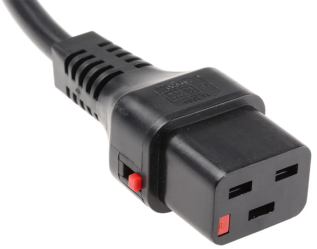 Produktfoto 1 von Schaffner Netzkabel, A IEC C20, B IEC C19, 2 m Schwarz Hochspannungs-Vinylchlorid-Reifen für Kabinen flexibel,