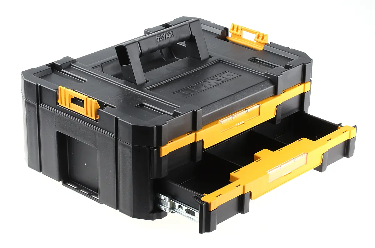 Produktfoto 1 von DeWALT Kunststoff Werkzeugbox Gelb, Schwarz, 2 Schubladen, L. 314.2 mm B. 440 mm H. 314.2 mm, 30.0 kg, Register