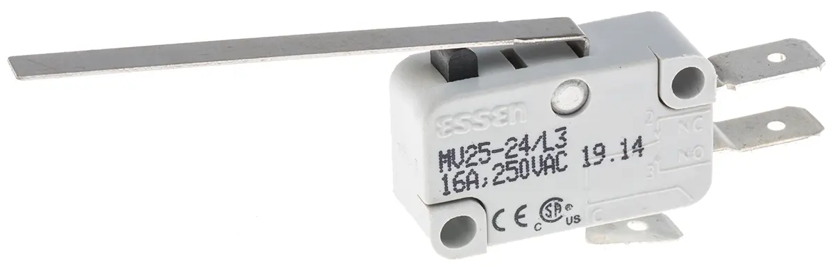 Produktfoto 1 von RS PRO Mikroschalter Langhebel gerade-Betätiger Schnellverbindung, 1-poliger Wechsler, 250 V ac, 16A 400g -55 °C - 85 °C