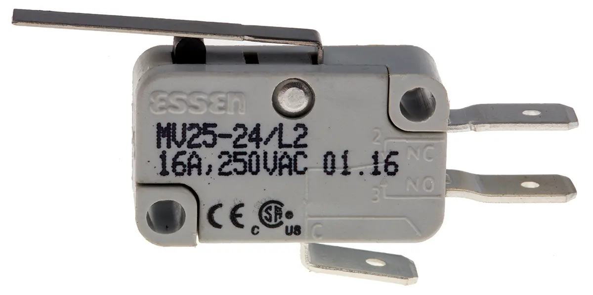 Produktfoto 1 von RS PRO Mikroschalter Langhebel gerade-Betätiger Schnellverbindung, 1-poliger Wechsler, 250 V ac, 16A 400g -55 °C - 85 °C