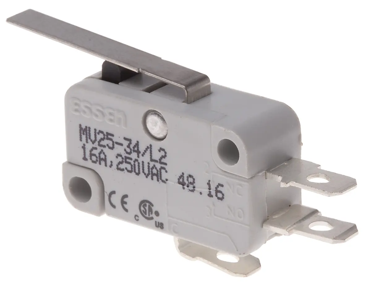 Produktfoto 1 von RS PRO Mikroschalter Langhebel gerade-Betätiger Schnellverbindung, 1-poliger Umschalter, 250 V ac, 16A IP40 250g -55 °C