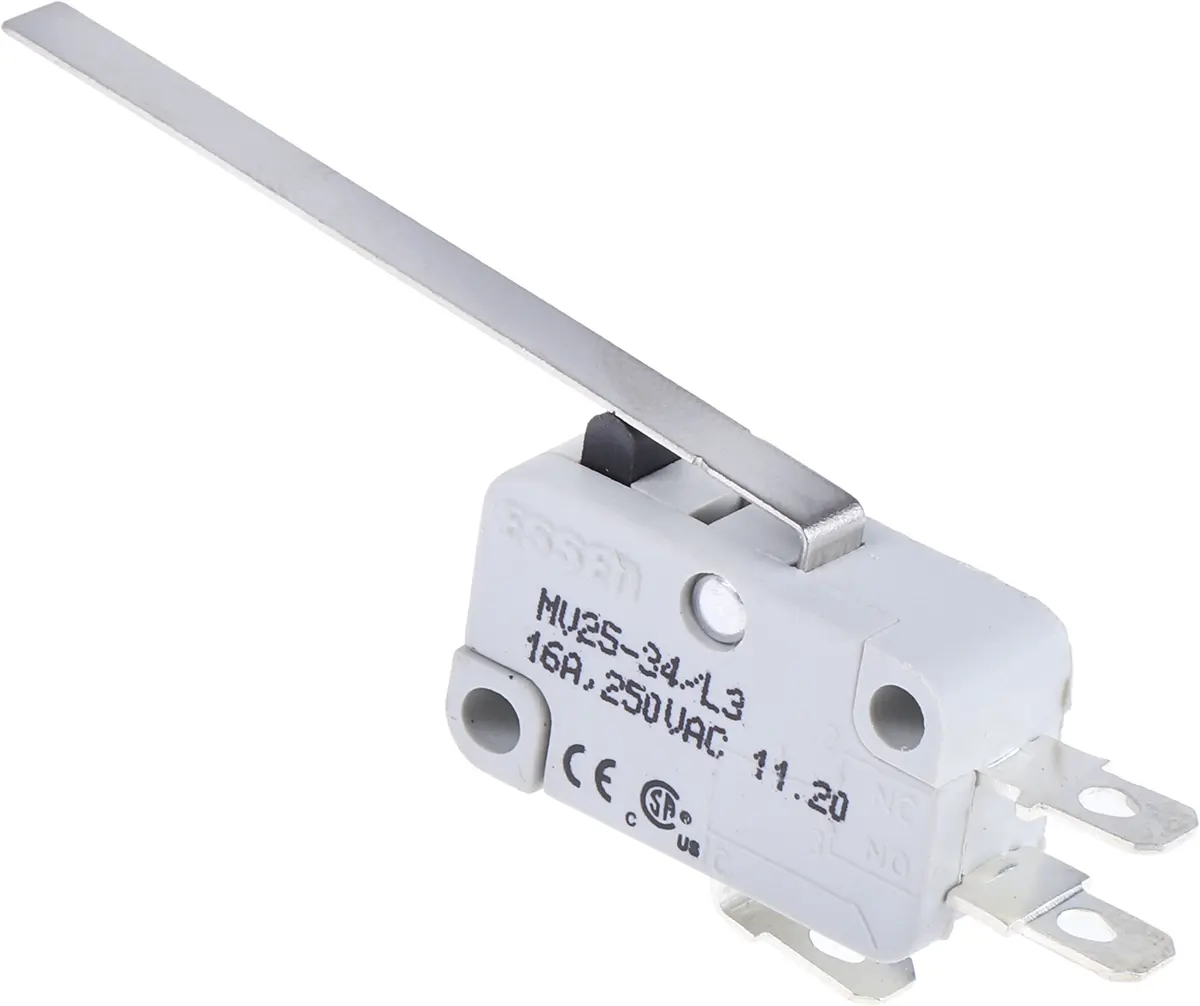 Produktfoto 1 von RS PRO Mikroschalter Langhebel gerade-Betätiger Schnellverbindung, 1-poliger Wechsler, 250 V ac, 16A IP40 400g -55 °C -