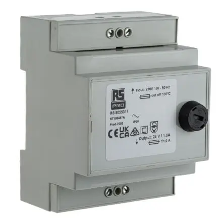 Produktfoto 1 von RS PRO 75 VA DIN-Schienen-Trafo, Primär 230 V ac / Sekundär 24 V ac DIN-Hutschiene 1 Ausg., 159.2 mm x 9mm x 54 mm