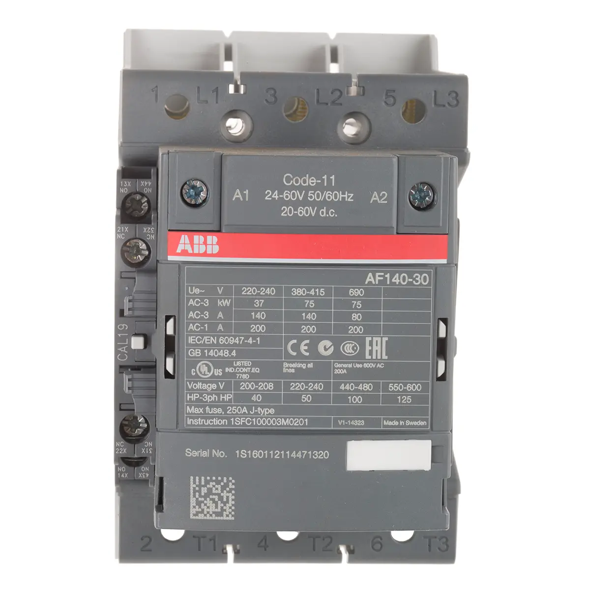 Produktfoto 1 von ABB AF140 Schütz 24 V ac/dc-Spule, 3-polig, 690V ac / 200 A 60 V 75 kW 3 Schließer Motorsteuerung 2-Hilfskontakte