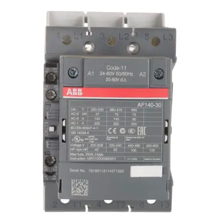Produktfoto 1 von ABB AF140 Schütz 24V ac/dc-Spule, 3-polig, 690V ac / 200 A 60V 75 kW 3 Schließer Motorsteuerung 2-Hilfskontakte