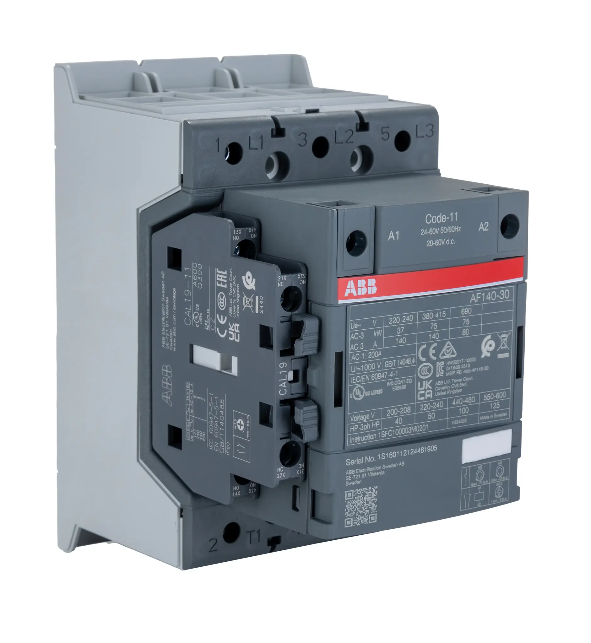 Produktfoto 1 von ABB AF140 Schütz 24 V ac/dc-Spule, 3-polig, 690V ac / 200 A 60 V 75 kW 3 Schließer Motorsteuerung 2-Hilfskontakte