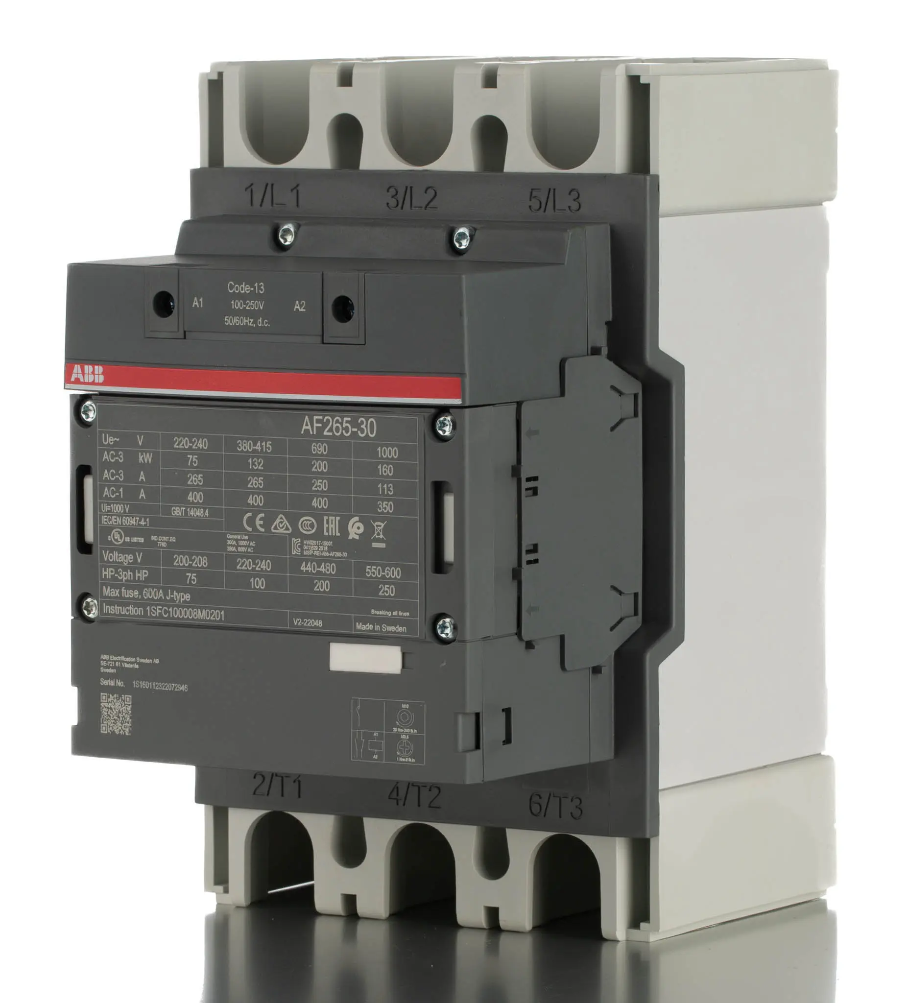 Produktfoto 1 von ABB AF265 Schütz 230 V ac-Spule, 3-polig, 690V ac / 400 A 250 V 132 kW 3 Schließer Motorsteuerung 2-Hilfskontakte