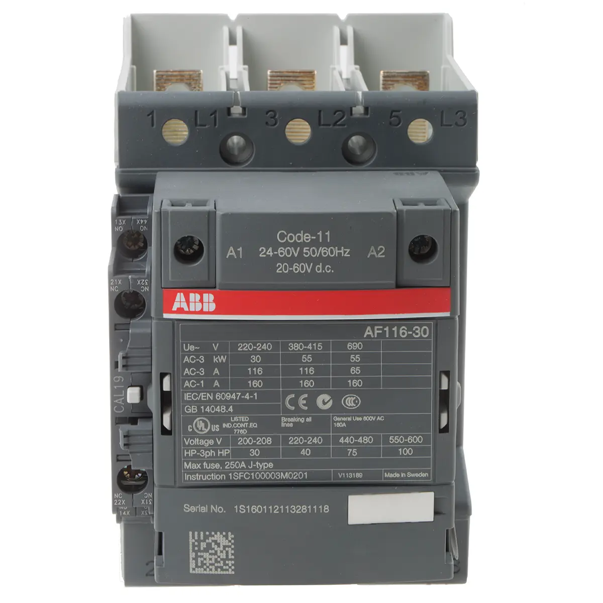 Produktfoto 1 von ABB AF116 Schütz 24 V ac/dc-Spule, 3-polig, 690V ac / 160 A 60 V 55 kW 3 Schließer Motorsteuerung 2-Hilfskontakte