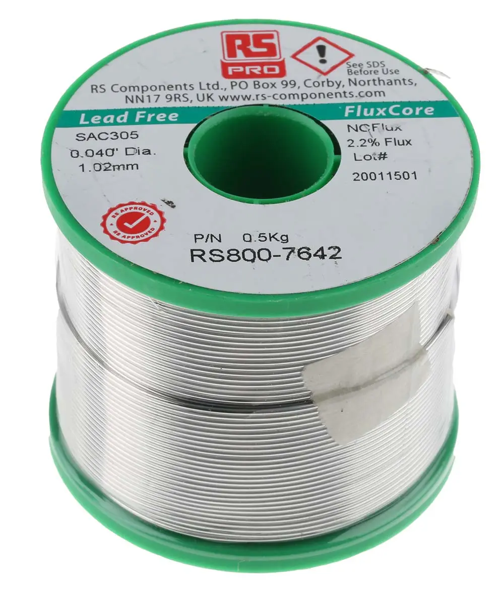 Produktfoto 1 von RS PRO Draht Lötzinn bleifrei 96.5 %Sn 0 %Pb 0.5 %Cu 3 %Ag, 217 °C, Ø 1.01 mm / 500 g