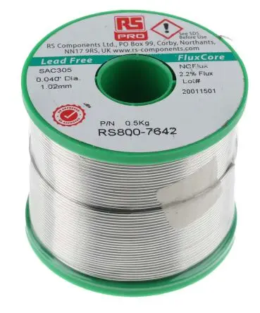 Produktfoto 1 von RS PRO Draht Lötzinn bleifrei 96.5 %Sn 0 %Pb 0.5 %Cu 3 %Ag, 217 °C, Ø 1.01 mm / 500 g