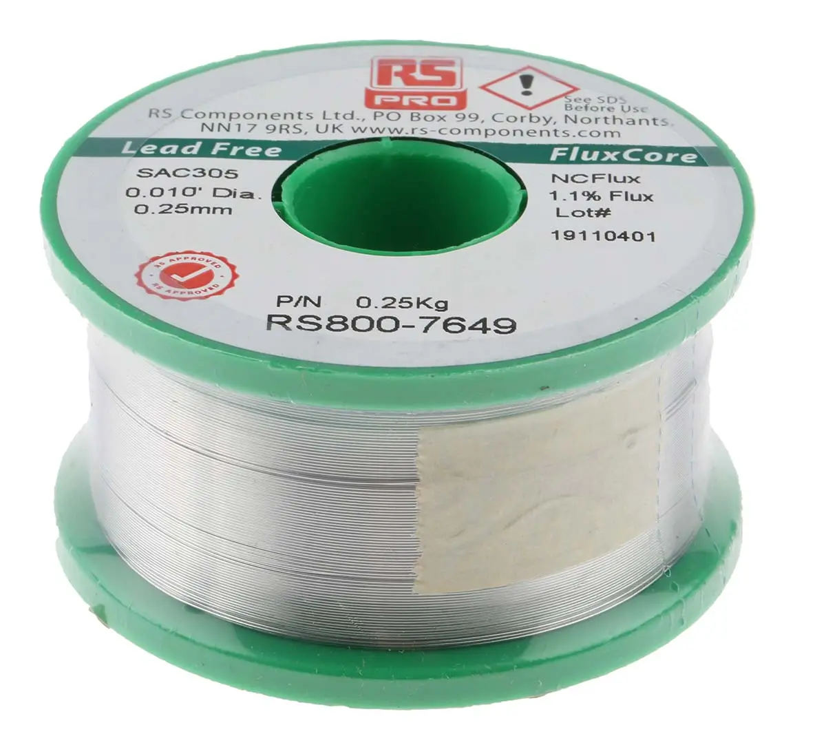 Produktfoto 1 von RS PRO Draht Lötzinn bleifrei 96.5 %Sn 0 %Pb 0.5 %Cu 3 %Ag, 217 °C, Ø 0.25 mm / 250 g