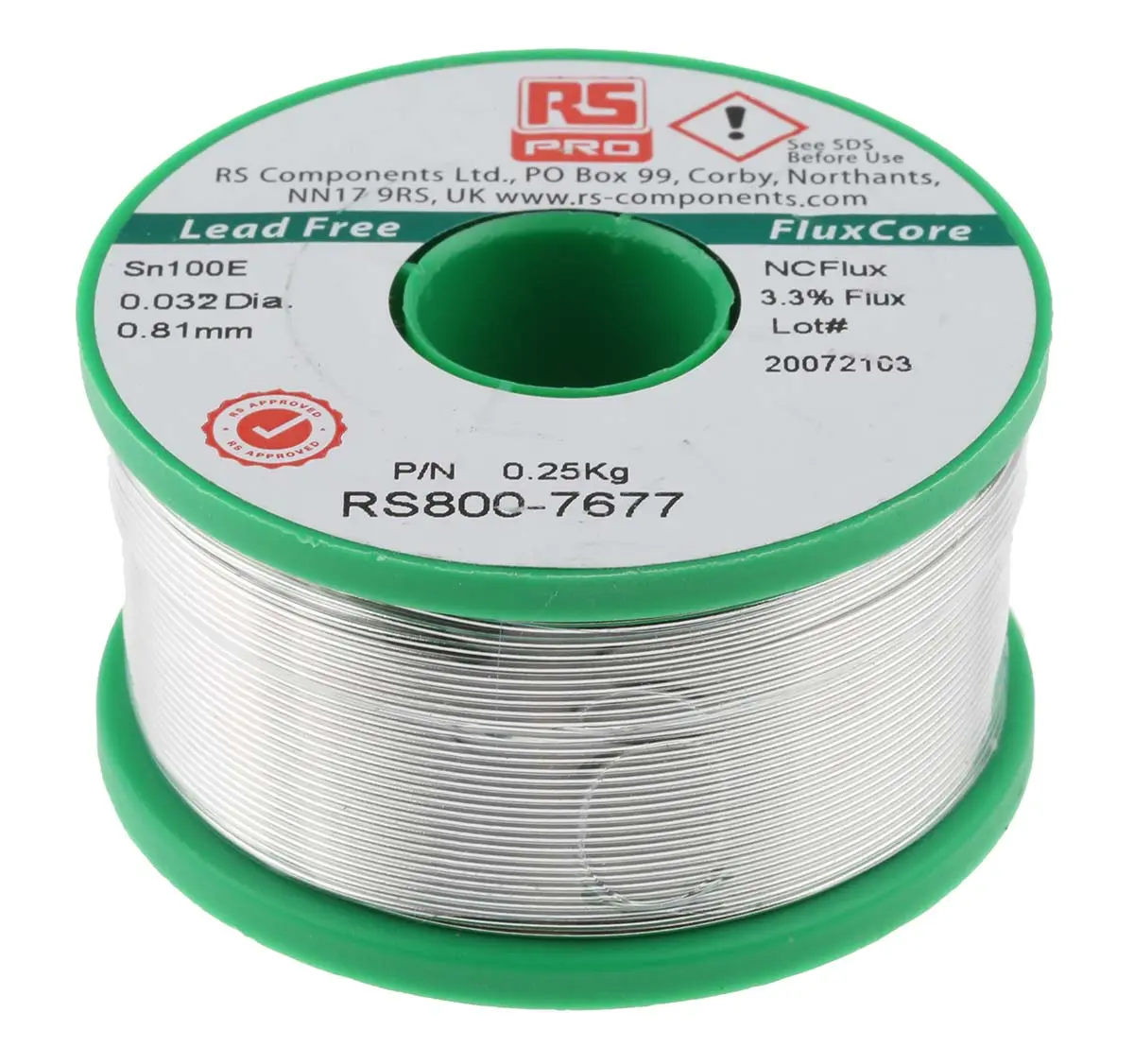 Produktfoto 1 von RS PRO Draht Lötzinn bleifrei 99.5 %Sn 0 %Pb 0.5 %Cu, 228 °C, Ø 0.81 mm / 250 g
