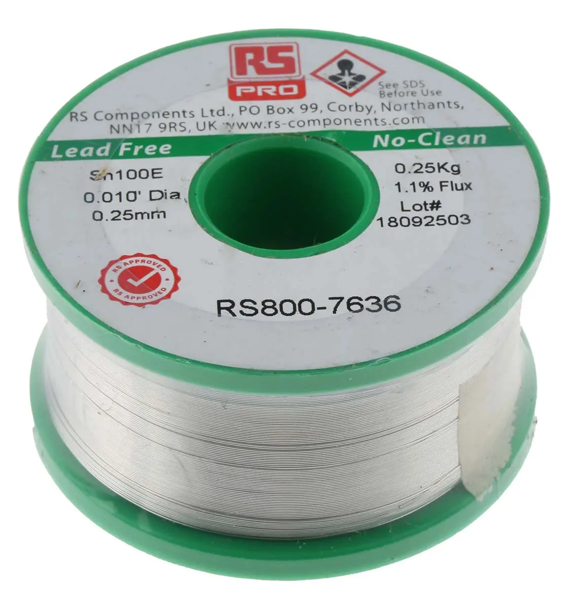 Produktfoto 1 von RS PRO Draht Lötzinn bleifrei 99.5 %Sn 0 %Pb 0.5 %Cu, 228 °C, Ø 0.25 mm / 250 g