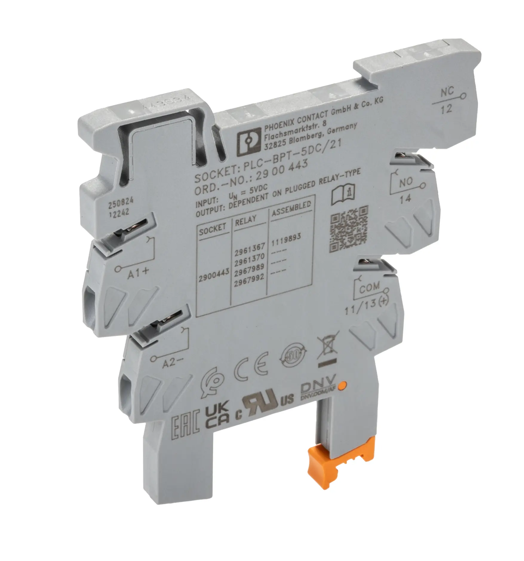 Produktfoto 1 von Phoenix Contact Relaissockel PLC-BPT, 1 -Kontakt , DIN-Schienen, 5V dc