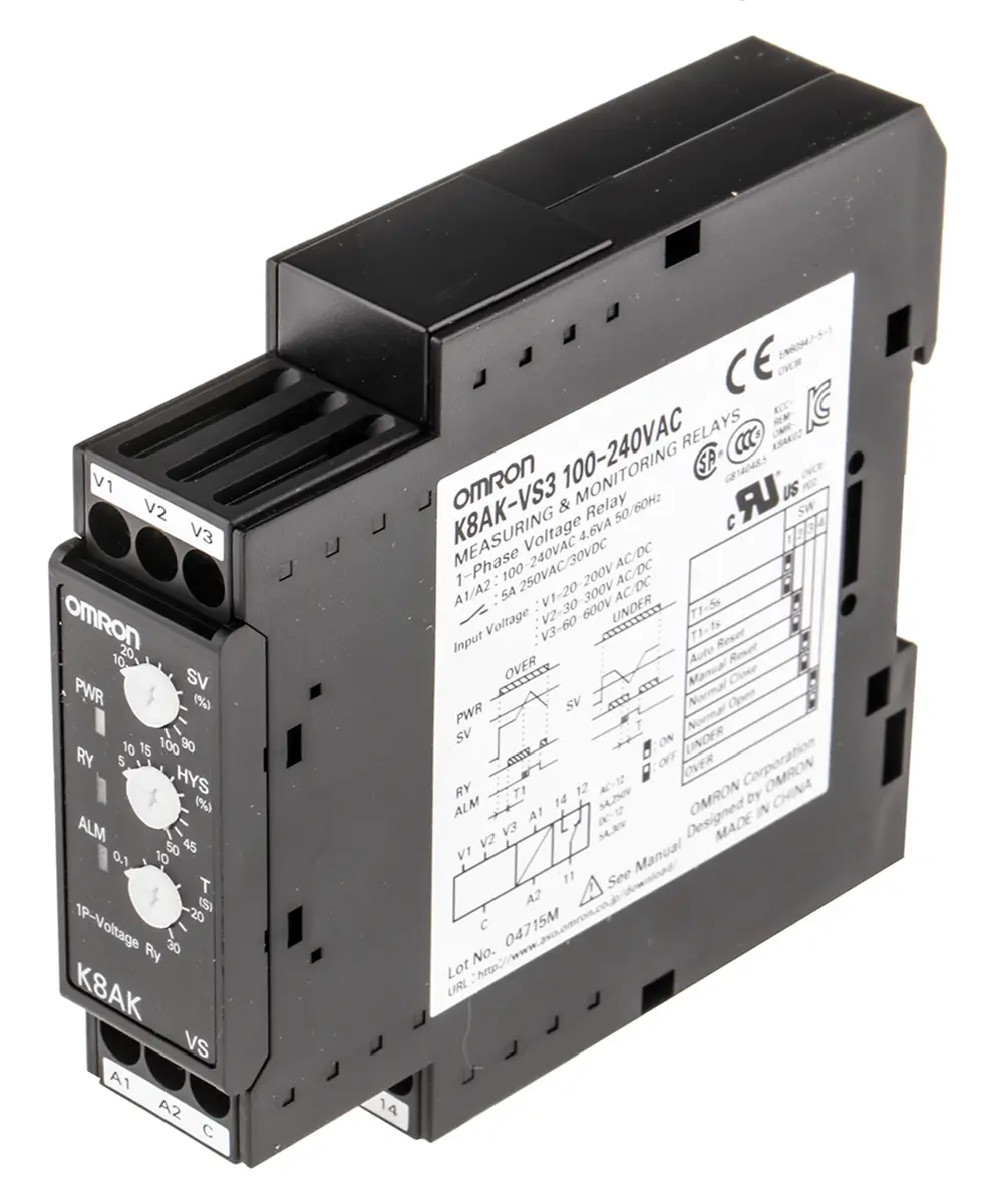 Produktfoto 1 von Omron K8AK-VS Überwachungsrelais 20 → 200 V ac/dc, 30 → 300 V ac/dc, 60 → 600V ac/dc 1-phasig,