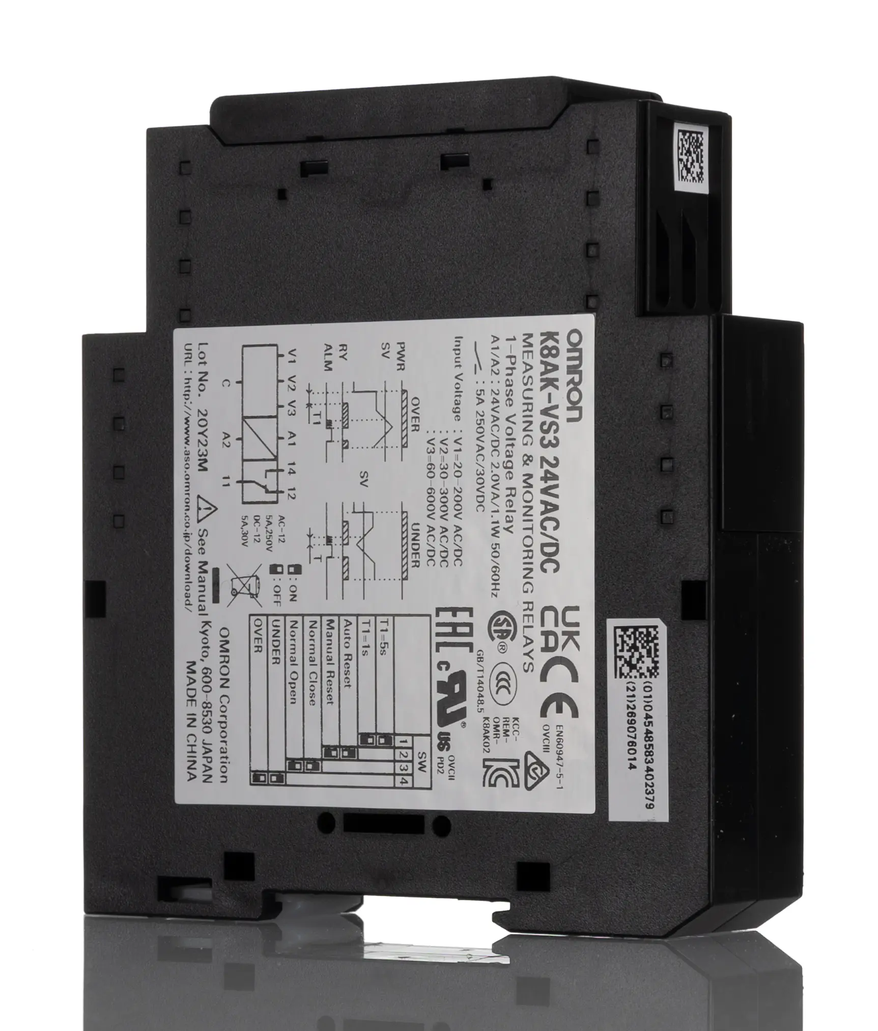Produktfoto 1 von Omron K8AK-VS Überwachungsrelais 20 → 200 V ac/dc, 30 → 300 V ac/dc, 60 → 600V ac/dc 1-phasig,