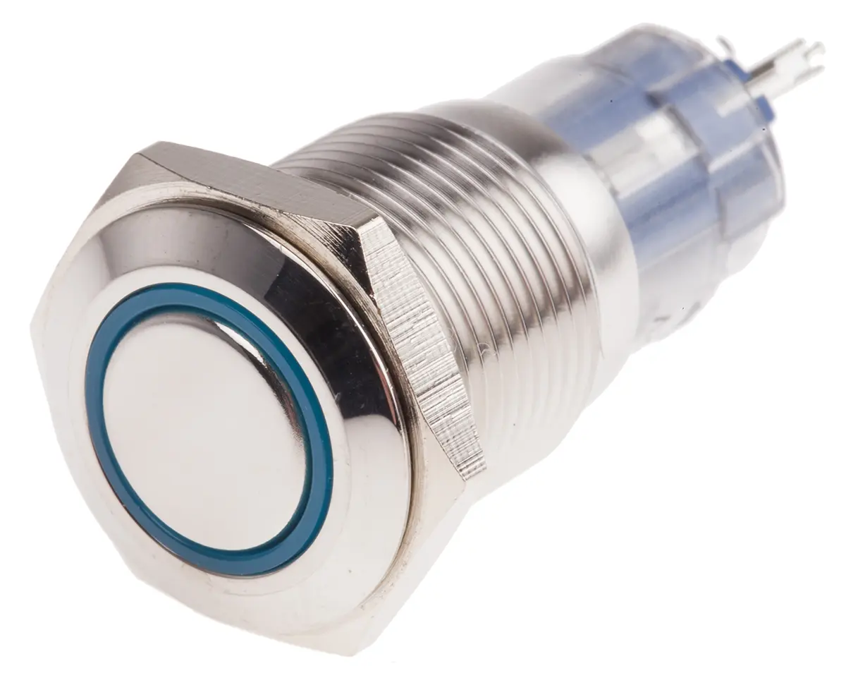 Produktfoto 1 von RS PRO Druckschalter Blau Beleuchtet Rastend Panel Ø 16 mm, 1-poliger Umschalter / 3A 250 V ac, IP65, IP67