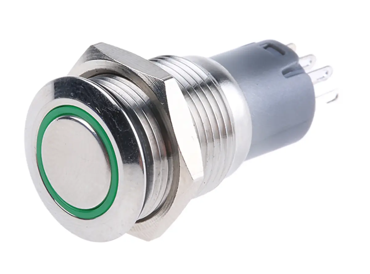 Produktfoto 1 von RS PRO Druckschalter Grün Beleuchtet Tastend Panel Ø 16 mm, 1-poliger Umschalter / 3A 250 V ac, IP65, IP67