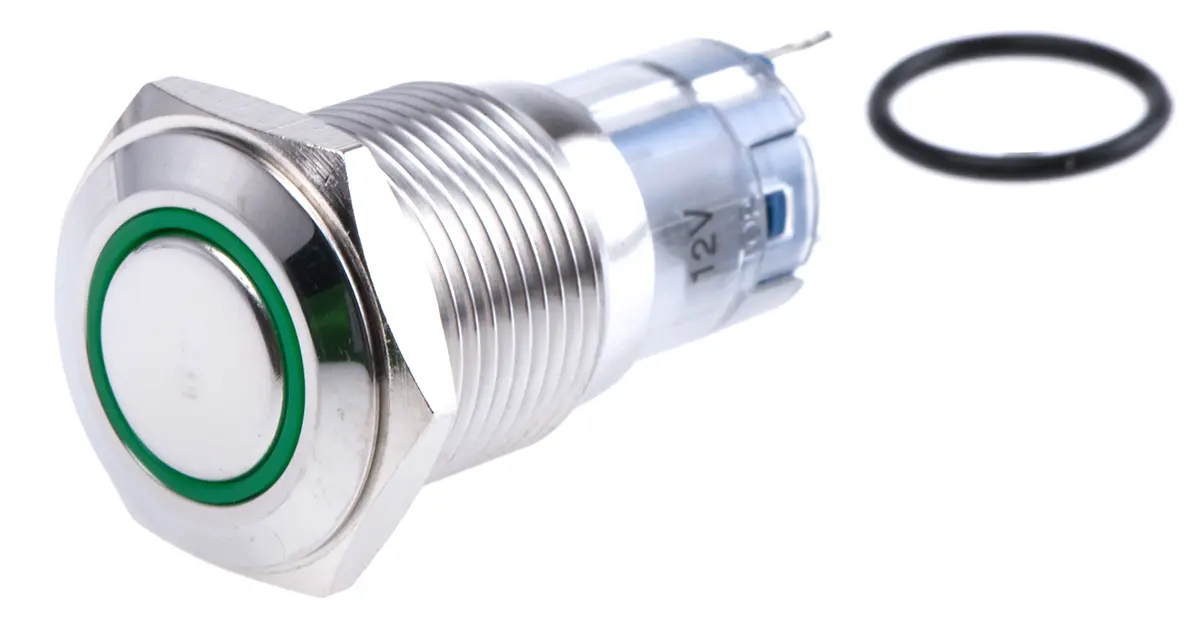 Produktfoto 1 von RS PRO Druckschalter Grün Beleuchtet Tastend Panel Ø 16 mm, 1-poliger Umschalter / 3A 250 V ac, IP65, IP67