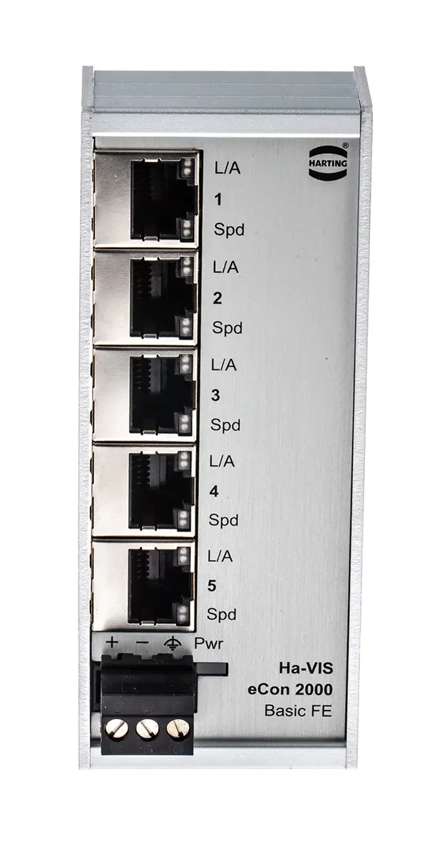 Produktfoto 1 von HARTING Industrial-Ethernet-Switch, 5 x RJ45 / 10/100Mbit/s, bis 100m für DIN-Schienen, 24V dc