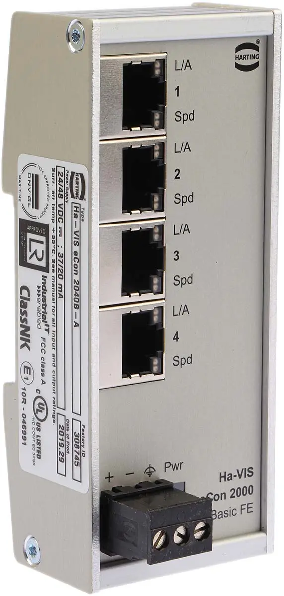 Produktfoto 1 von HARTING Industrial-Ethernet-Switch, 4 x RJ45 / 10/100Mbit/s, bis 100m für DIN-Schienen, 28/48V dc