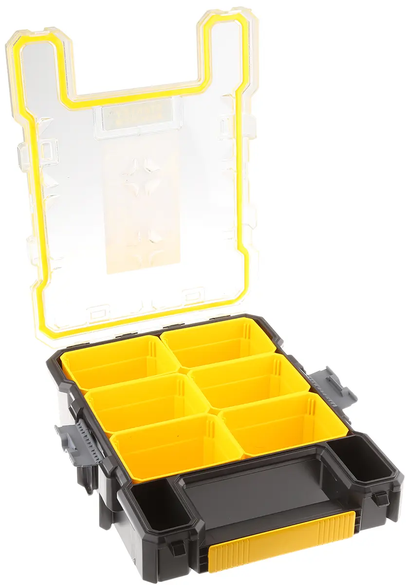 Produktfoto 1 von Stanley Kleinteilebox, Polycarbonat Schwarz, Gelb, 6 Fächer Verstellbare Fächer, 359 mm x 115 mm x 261 mm