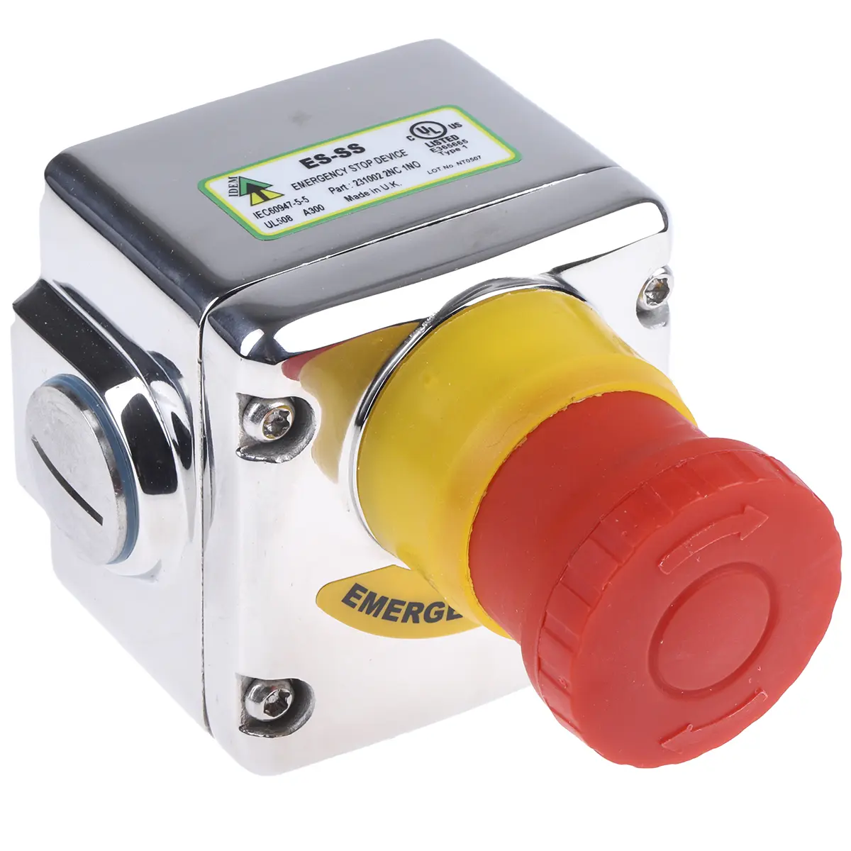 Produktfoto 1 von IDEM ES Not-Aus-Drucktaster, Oberfläche, 1 Schließer/2 Öffner, Rot IP69K, 70 mm, x 105 mm, Drehfreigabe