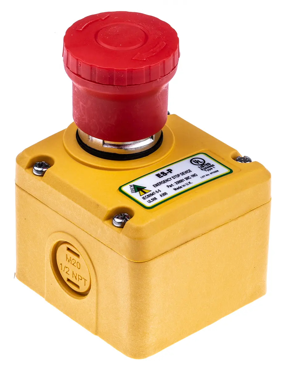 Produktfoto 1 von IDEM ES Not-Aus-Drucktaster, 1 Schließer/2 Öffner, Rot IP40, 70 mm, x 105 mm, Drehfreigabe