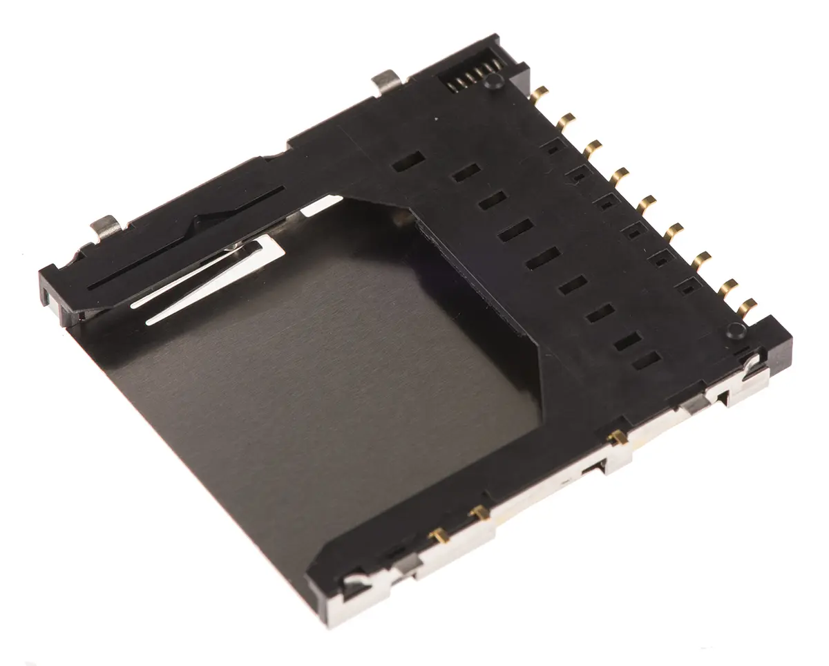 Produktfoto 1 von Hirose DM1 SD, gewinkelt Steckverbinder für Speicherkarten Buchse, 9-polig / 1-reihig Lot, Raster 2.5 mm, Push-Push