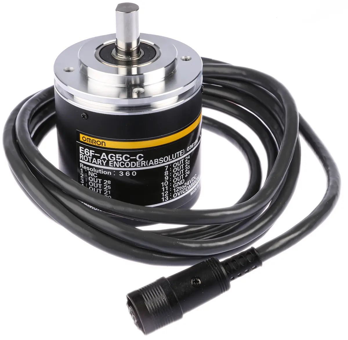 Produktfoto 1 von Omron E6F Absolutwertgeber Absolut 360/U, 5000U/min, 12 → 24 V dc, NPN, Open Collector Vollwelle mit Ø 10mm