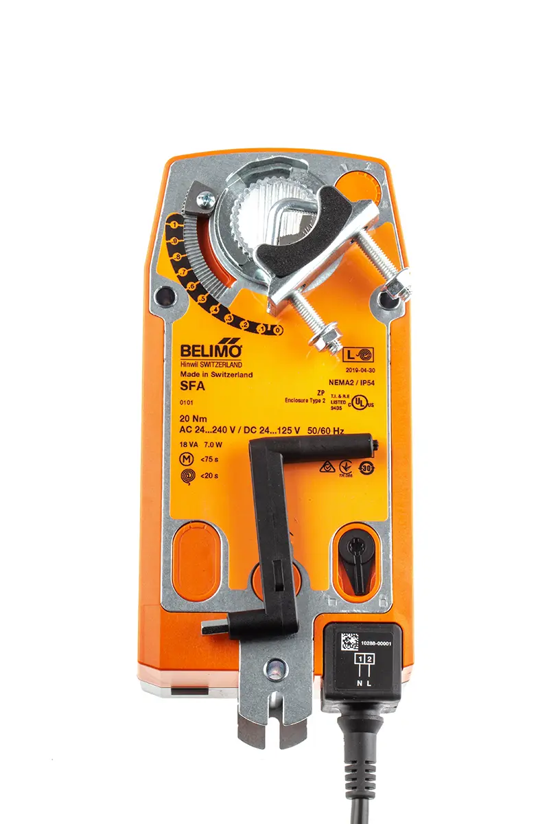 Produktfoto 1 von Belimo 4 m² Drosselklappenantrieb, 20 Nm Hilfsschalter integriert, Offen/Geschlossen, 7 W, 21.6 to 137.5 V ac, 264 V