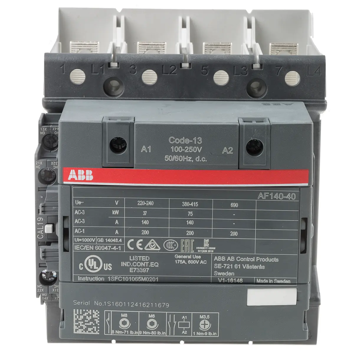 Produktfoto 1 von ABB AF116 Schütz 230 V ac-Spule, 4-polig, 690V ac / 200 A 250 V 75 kW 4 Schließer Motorsteuerung 2-Hilfskontakte