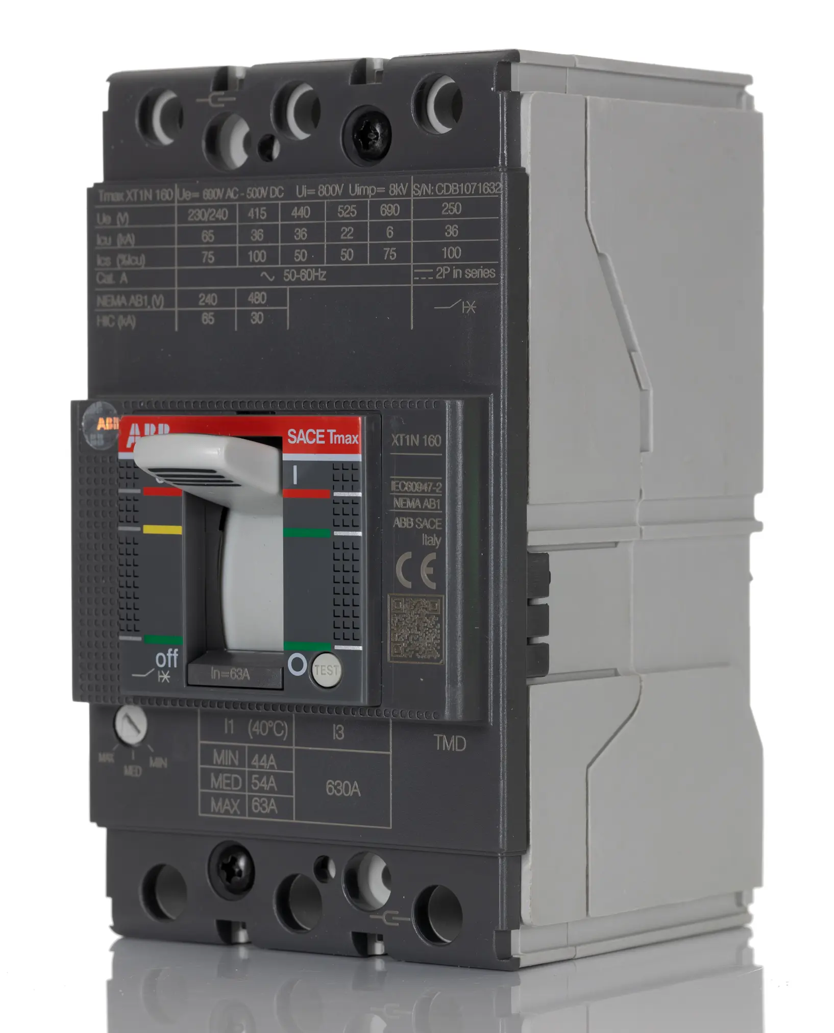 Produktfoto 1 von ABB Protecta XT1N, Kompaktschutzschalter 3-polig, 63 A DIN-Hutschiene / Abschaltvermögen 36 kA 690 V ac 500 V dc