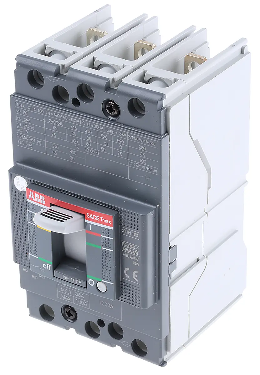 Produktfoto 1 von ABB Tmax XT XT1N, Kompaktschutzschalter 3-polig, 100 A DIN-Hutschiene / Abschaltvermögen 36 kA 690 V ac 500 V dc