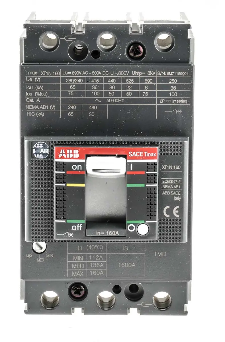 Produktfoto 1 von ABB Protecta XT1N, Kompaktschutzschalter 3-polig, 160 A DIN-Hutschiene / Abschaltvermögen 36 kA 690 V ac 500 V dc