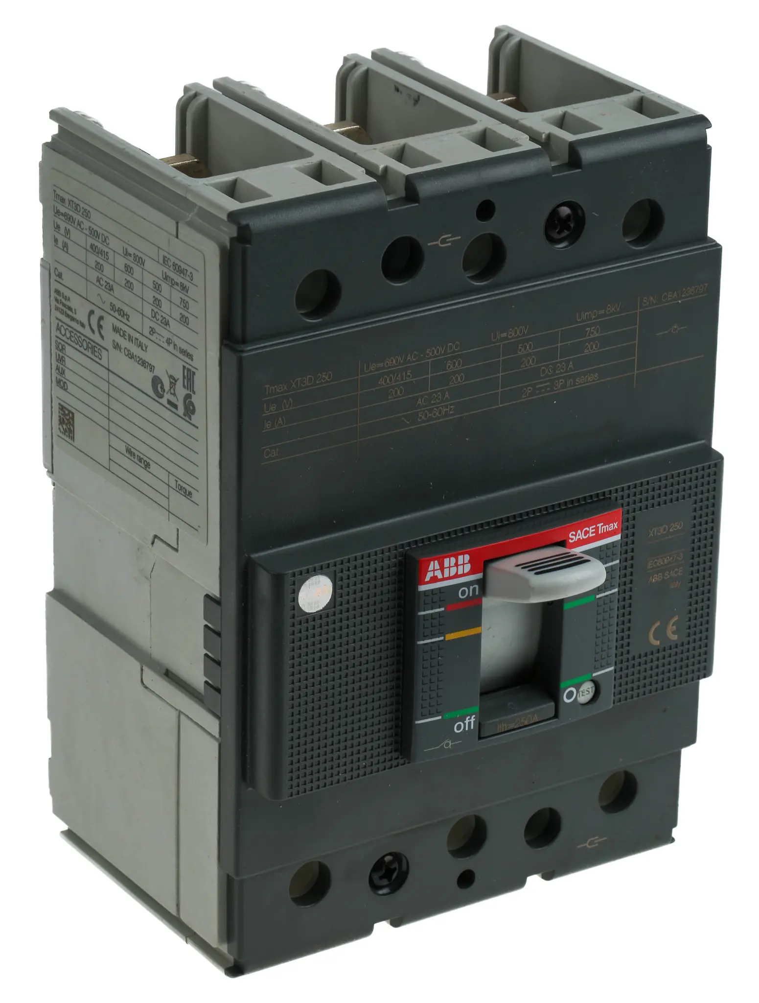 Produktfoto 1 von ABB Protecta XT3D, Kompaktschutzschalter 3-polig, 250 A DIN-Hutschiene / Abschaltvermögen 36 kA 690 V ac 500 V dc
