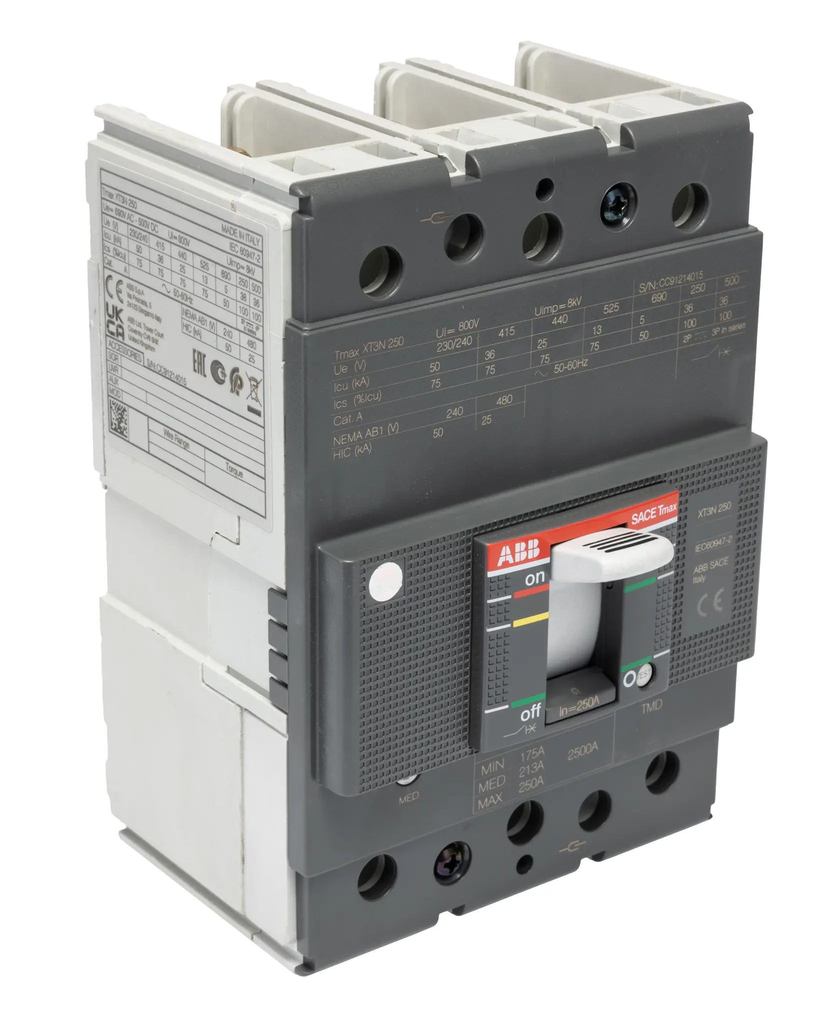 Produktfoto 1 von ABB Protecta XT3N, Kompaktschutzschalter 3-polig, 250 A DIN-Hutschiene / Abschaltvermögen 36 kA 690 V ac 500 V dc