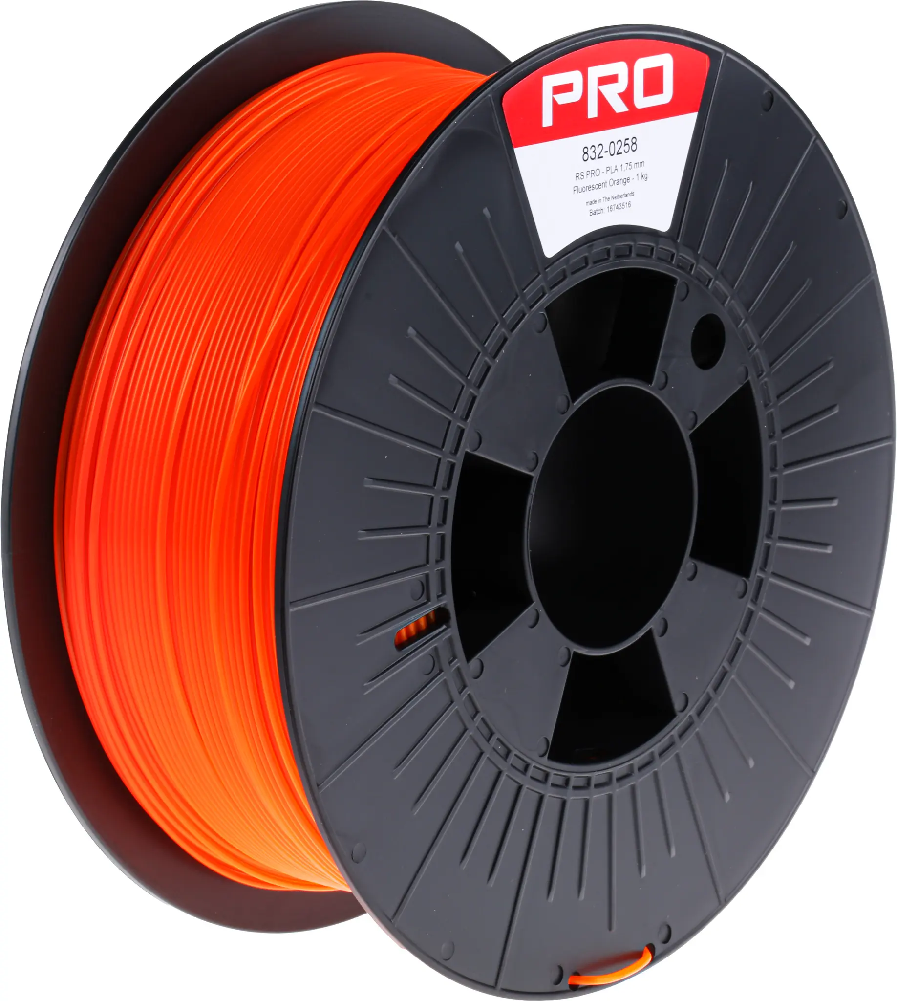 Produktfoto 1 von RS PRO Polymilchsäure 3D-Drucker Filament zur Verwendung mit Gängige Desktop-3D-Drucker, Fluoreszierend orangefarben,